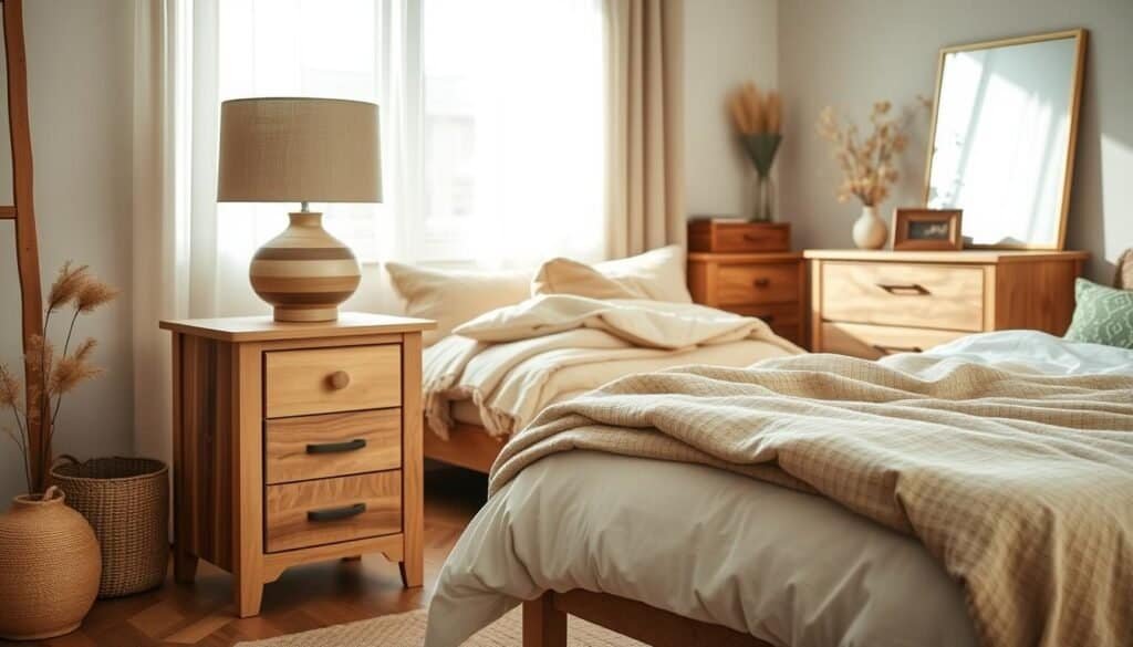 A beautifully arranged scene showcasing a variety of wood tones and color palettes ideal for cozy bedroom design. In the foreground, an elegant wooden bedside table made of light oak displays a color palette of soft beige, warm taupe, and muted greens, complemented by a natural linen lamp. In the middle, a plush bed is dressed in cozy layers of cream and earthy-toned blankets, surrounded by wooden accents. The background features a bright, airy window with sheer curtains allowing soft sunlight to illuminate the space, highlighting the rich texture of the wood. The overall atmosphere is serene and inviting, evoking a sense of timeless comfort and tranquility, perfect for a restful bedroom retreat.