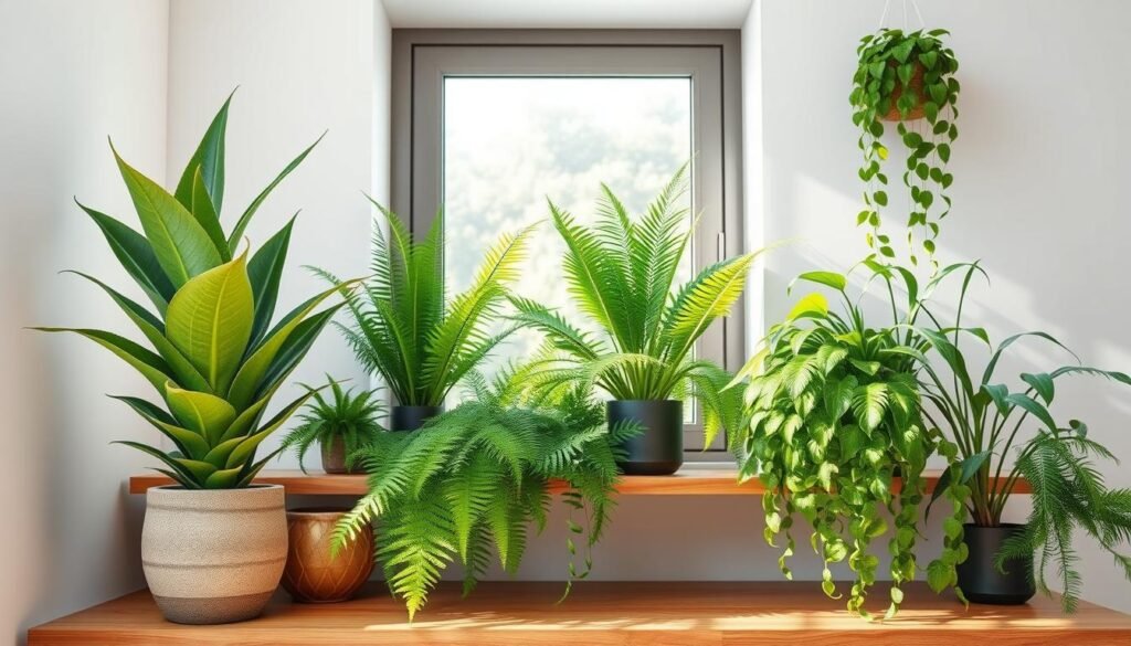 A beautifully arranged selection of evergreen plants in a modern interior setting, showcasing various species like ferns, snake plants, and pothos. In the foreground, a vibrant snake plant stands in a textured ceramic pot, while lush ferns and a cascading pothos drape gracefully over a sleek wooden shelf. The middle of the scene features a sun-drenched window with soft, diffused sunlight spilling in, illuminating the greenery and casting gentle shadows. In the background, airy white walls complement natural wood accents, creating a harmonious and timeless atmosphere. The lighting is bright and inviting, enhancing the fresh, serene vibe of the space. Aim for a realistic style that captures the beauty and tranquility of evergreen plants in interior design.