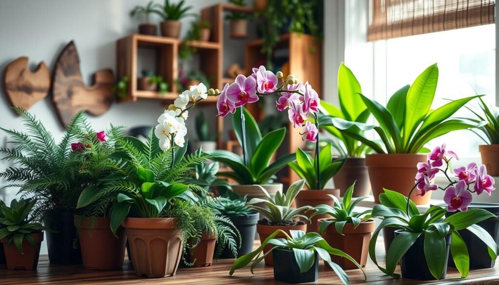 A beautifully arranged selection of home garden plants, featuring vibrant green foliage and colorful flowers. In the foreground, a variety of potted plants, including ferns, succulents, and blooming orchids, sit on a rustic wooden table, inviting the viewer's eye. The middle ground showcases a backdrop of handmade wooden accents, such as shelves and planters, enhancing the natural aesthetic. Soft, bright natural light filters through a nearby window, casting gentle shadows and illuminating the scene with a warm, welcoming glow. The atmosphere is serene and fresh, perfect for a DIY gardening project. Include lush greenery that conveys vitality and a touch of tranquility, with a focus on simplicity and natural beauty in the home environment.