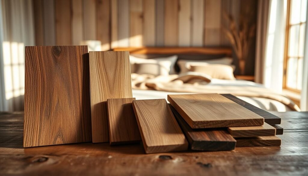 A beautifully arranged selection of quality wood pieces displayed on a rustic wooden surface, showcasing a variety of textures and grains, including rich oak, warm maple, and deep walnut. Foreground features polished wood samples, with subtle natural imperfections highlighting craftsmanship. In the middle ground, a cozy bedroom setting is visible, with soft sunlight streaming through a nearby window, casting delicate shadows. Background elements include light, airy curtains and a softly blurred view of a simple, inviting bed adorned with natural fibers. The atmosphere is warm and inviting, evoking a sense of timeless elegance and comfort, perfectly suited for showcasing the beauty of natural wood in home décor. Bright and well-lit, emphasizing the organic beauty of the wood.