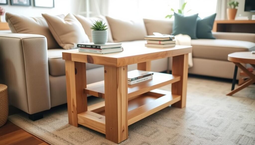 A beautifully crafted DIY couch side table made from 2x4 lumber, showcasing a rustic design with clean lines and a natural wood finish. The table is placed beside a cozy, stylish sofa in a modern living room setting. In the foreground, you can see the table adorned with a small potted plant and a stack of books, emphasizing its functional use. The middle ground reveals the warm tones of the wooden table paired with the soft fabric of the couch, inviting a sense of comfort. In the background, a bright window allows soft sunlight to pour in, illuminating the space with a cheerful, airy atmosphere. Capture the scene with a slight overhead angle to highlight the craftsmanship of the table, evoking a sense of home and creativity. A beautifully crafted DIY couch side table made from 2x4 lumber, showcasing a rustic design with clean lines and a natural wood finish. The table is placed beside a cozy, stylish sofa in a modern living room setting. In the foreground, you can see the table adorned with a small potted plant and a stack of books, emphasizing its functional use. The middle ground reveals the warm tones of the wooden table paired with the soft fabric of the couch, inviting a sense of comfort. In the background, a bright window allows soft sunlight to pour in, illuminating the space with a cheerful, airy atmosphere. Capture the scene with a slight overhead angle to highlight the craftsmanship of the table, evoking a sense of home and creativity.