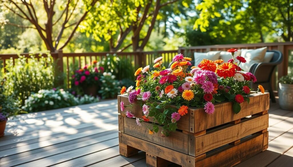 A beautifully crafted DIY pallet planter sits prominently in the foreground, overflowing with vibrant, blooming flowers in various colors. The middle ground features lush greenery, with a soft, rustic wooden deck that extends into a cozy seating area adorned with comfortable cushions. In the background, a charming garden scene is illuminated by bright natural light, with soft sunlight filtering through leafy trees, casting gentle shadows on the scene. The atmosphere is serene and inviting, perfect for relaxation and enjoying nature. The angle is slightly elevated, capturing the full beauty of the planter while showcasing the tranquil outdoor living space. The image embodies the warmth and creativity of DIY projects, evoking inspiration for creating a slower, more relaxed backyard haven.