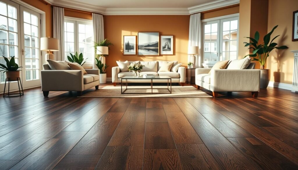 A beautifully crafted classic wooden flooring setup in a stylish living room. The foreground showcases rich, dark oak floorboards with a polished finish, highlighting the wood grain and texture. In the middle ground, arrange elegant furnishings like a plush, neutral-toned sofa, a modern coffee table, and decorative elements like indoor plants and soft cushions. The background features softly illuminated walls painted in warm, inviting hues and large windows that let in bright natural light, casting gentle shadows and enhancing the atmosphere. Capture the scene from a wide angle, emphasizing depth and inviting warmth. The overall mood should evoke timeless elegance and comfort, making the space feel both welcoming and sophisticated, with airy and well-lit conditions accentuated by soft sunlight filtering through the windows.