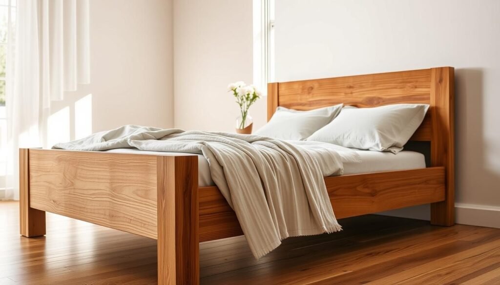 A beautifully crafted natural wood bed frame, showcasing rich grain textures and warm tones, serves as the centerpiece of a cozy, timeless bedroom. The frame features clean lines and a minimalist design, inviting relaxation. In the foreground, soft linens drape elegantly across the bed, complementing the wooden tones. The middle layer reveals a bedside table made of reclaimed wood, adorned with a vase of fresh flowers, adding a touch of nature. The background features a softly painted wall, enhanced by bright, natural light streaming through a large window, creating a serene atmosphere. The scene captures a clean, inviting aesthetic with soft sunlight illuminating the room, emphasizing the craftsmanship of the wood. The overall mood is peaceful and warm, evoking a sense of comfort and timeless elegance.