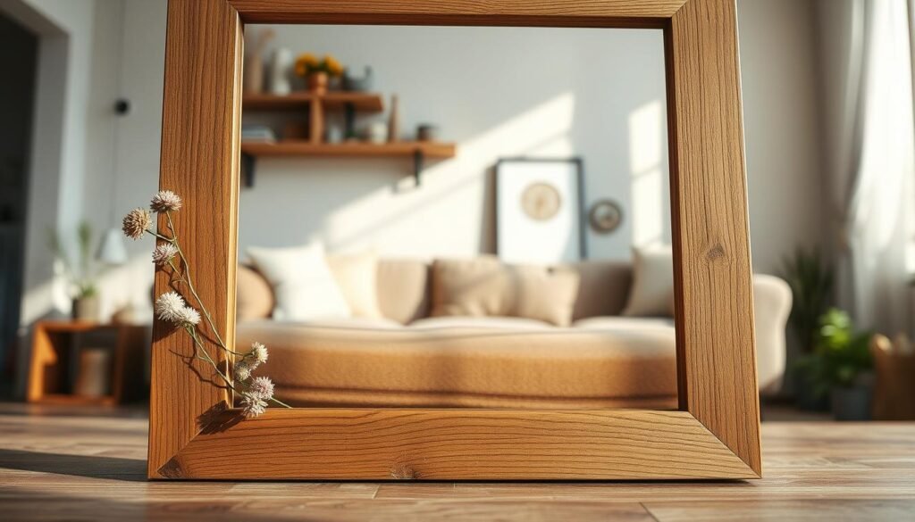 A beautifully crafted rustic wood picture frame sits prominently in the foreground, showcasing its intricate grain and natural imperfections. The frame is adorned with soft, dried flowers tucked into the corners, adding a touch of charm. In the middle ground, a softly blurred image of a cozy living room setting can be seen, featuring a light-colored wall and a subtly textured backdrop of faded wooden shelves filled with decorative accents. The background is infused with bright, natural light streaming through a nearby window, casting gentle shadows that enhance the homely atmosphere. The mood is warm and inviting, perfect for a DIY home project. Use a shallow depth of field to focus on the frame, with sunlit lighting that highlights the wood's rich tones and textures. The angle should be slightly elevated, creating an inviting perspective.