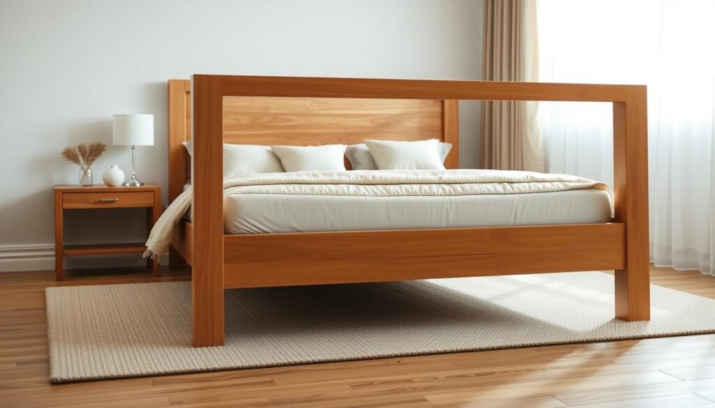 A beautifully crafted wooden bed frame as the focal point, featuring a minimalist design with clean lines and a natural finish. The bed is adorned with soft, neutral-colored bedding and decorative pillows, creating a cozy yet sophisticated look. In the foreground, a delicate bedside table with a simple lamp contributes to the serene atmosphere. In the middle ground, a softly textured area rug lies beneath the bed, adding warmth to the space. The background features light, airy curtains cascading down a window that allows bright, natural sunlight to filter in, illuminating the room. The scene conveys a calm and inviting mood, ideal for a peaceful retreat, captured with a warm, soft focus from a slightly low angle to emphasize the bed frame's height and craftsmanship.