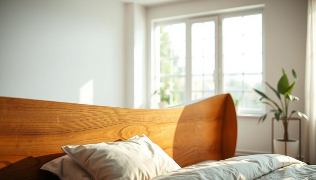 A beautifully crafted wooden bedroom headboard, emphasizing natural grain patterns and rich tones, occupies the foreground. The headboard is elegantly designed with a minimalist, yet warm aesthetic, showcasing gentle curves and smooth finishes. In the middle ground, a cozy bed adorned with soft, neutral-toned linens complements the headboard, inviting a sense of comfort. In the background, a softly lit, airy room with large windows allows bright natural light to filter in, casting a warm glow throughout the space. The atmosphere is serene and inviting, with hints of greenery peeking through the windows, creating a connection to nature. The overall mood is balanced and harmonious, perfect for a tranquil bedroom retreat. A beautifully crafted wooden bedroom headboard, emphasizing natural grain patterns and rich tones, occupies the foreground. The headboard is elegantly designed with a minimalist, yet warm aesthetic, showcasing gentle curves and smooth finishes. In the middle ground, a cozy bed adorned with soft, neutral-toned linens complements the headboard, inviting a sense of comfort. In the background, a softly lit, airy room with large windows allows bright natural light to filter in, casting a warm glow throughout the space. The atmosphere is serene and inviting, with hints of greenery peeking through the windows, creating a connection to nature. The overall mood is balanced and harmonious, perfect for a tranquil bedroom retreat.