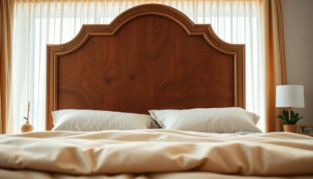 A beautifully crafted wooden headboard as the focal point of a cozy bedroom. The headboard features intricate grain patterns and a rustic finish, showcasing the wood’s natural texture. In the foreground, soft pillows and a plush duvet in warm neutral tones complement the headboard. Behind the headboard, a softly lit room with light streaming through sheer curtains enhances the inviting atmosphere. Subtle decorations like a small potted plant and a bedside lamp provide additional warmth. The scene is shot with a wide-angle lens, capturing both detail and depth. Natural, bright lighting creates an airy feel, while the overall mood embodies tranquility and comfort, perfect for a serene bedroom setting.