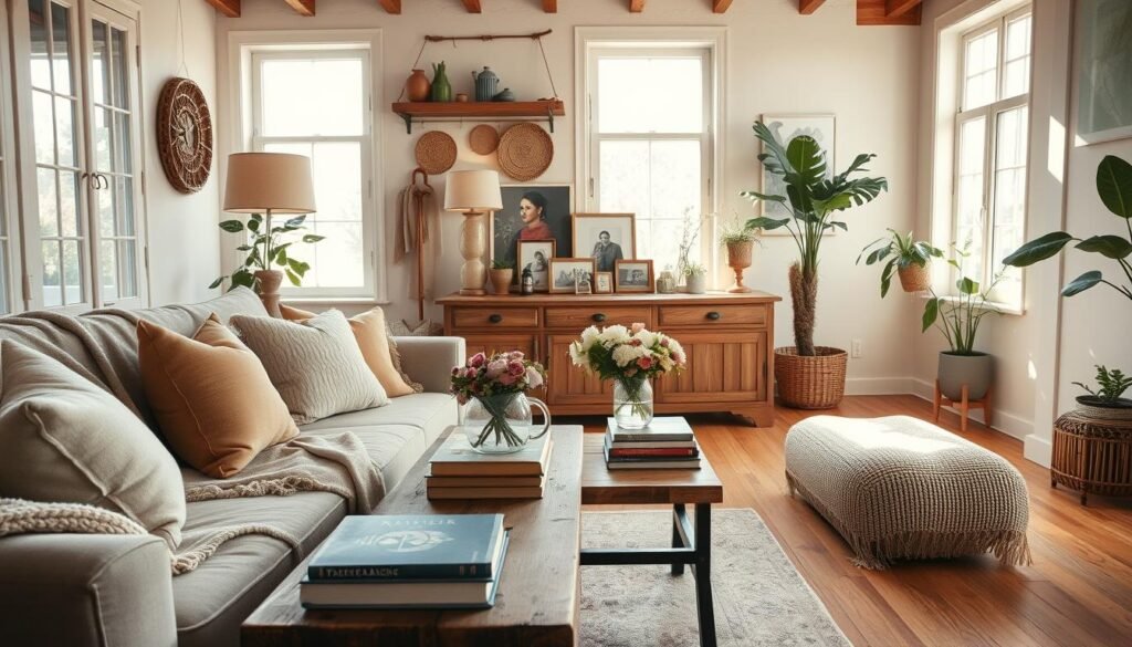 A beautifully curated living room showcasing authentic home decor, emphasizing natural and personal elements. In the foreground, a cozy, inviting couch draped with soft, textured blankets and decorative pillows in warm tones. On a rustic wooden coffee table, an arrangement of fresh flowers in a simple vase and a stack of well-loved books. The middle ground features a vintage sideboard displaying framed family photos and artisanal crafts, infused with personal touches. The background reveals large windows allowing bright, soft sunlight to stream in, illuminating the space and creating a warm, airy atmosphere. Wooden flooring complements the overall organic feel, while indoor plants add a touch of nature. The angle captures the inviting openness of the room, reflecting a genuine lifestyle rather than a staged display. A beautifully curated living room showcasing authentic home decor, emphasizing natural and personal elements. In the foreground, a cozy, inviting couch draped with soft, textured blankets and decorative pillows in warm tones. On a rustic wooden coffee table, an arrangement of fresh flowers in a simple vase and a stack of well-loved books. The middle ground features a vintage sideboard displaying framed family photos and artisanal crafts, infused with personal touches. The background reveals large windows allowing bright, soft sunlight to stream in, illuminating the space and creating a warm, airy atmosphere. Wooden flooring complements the overall organic feel, while indoor plants add a touch of nature. The angle captures the inviting openness of the room, reflecting a genuine lifestyle rather than a staged display.