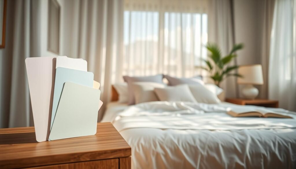 A beautifully curated selection of calming color palettes for a serene bedroom setting. In the foreground, a minimalist wooden bedside table adorned with soft pastel paint swatches, showcasing muted shades of lavender, pale blue, and soft green. In the middle, a cozy bed with fluffy white linens and an array of pillows in soothing hues, creating a tranquil focal point. The background features soft, airy curtains fluttering in a gentle breeze, allowing bright natural light to fill the room. A tasteful indoor plant adds a touch of nature, enhancing the peaceful atmosphere. The lighting is soft and warm, reminiscent of early morning sunlight, creating a calm and inviting mood. The angle captures a wide view of the room, emphasizing the harmony of colors and tranquil décor, without any text or distractions.