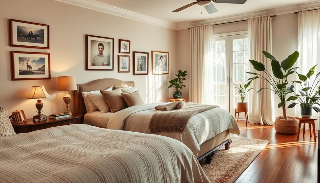 A beautifully decorated bedroom showcasing timeless elegance and personal touches that reflect individuality. In the foreground, a well-made, plush bed adorned with a cozy quilt and an array of decorative pillows in soft, muted tones. On the bedside table, a vintage lamp casts warm, inviting light. The middle ground features tasteful artwork and framed photographs hung on soft, neutral-colored walls, adding a sense of personality and warmth. A plush area rug lies beneath, complementing the hardwood flooring. In the background, large windows let in bright, airy natural light, with sheer curtains gently swaying, creating a serene atmosphere. Soft sunlight highlights wooden accents and houseplants that bring life into the space. The overall mood is cozy and welcoming, perfect for a timeless bedroom design.