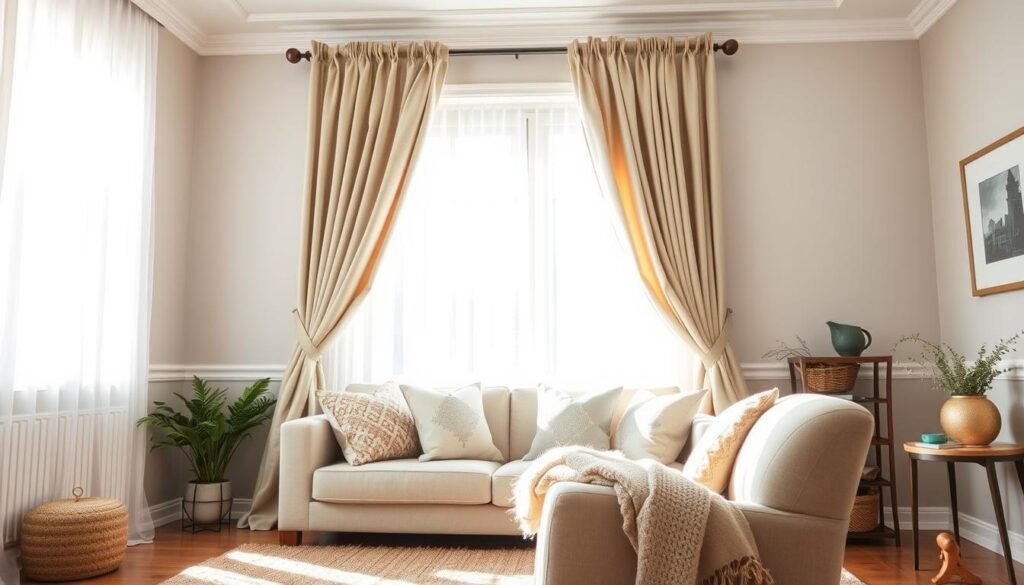 A beautifully decorated room showcasing the integration of blackout liners into window treatments. In the foreground, elegant, lush curtains adorned with drapery hooks frame a window letting in soft, natural light, creating a cozy ambiance. The middle ground features a stylish and comfortable seating area with plush throw pillows and a warm, textured rug, adding to the sense of comfort. In the background, subtly painted walls complement the overall decor, casting a serene vibe. The sunlight filters through the blackout liners, providing a balanced illuminating effect. Use a wide-angle lens to capture the entire scene, enhancing the airy feel. The setting exudes a relaxing, inviting atmosphere, ideal for a DIY textile and soft furnishing upgrade. A beautifully decorated room showcasing the integration of blackout liners into window treatments. In the foreground, elegant, lush curtains adorned with drapery hooks frame a window letting in soft, natural light, creating a cozy ambiance. The middle ground features a stylish and comfortable seating area with plush throw pillows and a warm, textured rug, adding to the sense of comfort. In the background, subtly painted walls complement the overall decor, casting a serene vibe. The sunlight filters through the blackout liners, providing a balanced illuminating effect. Use a wide-angle lens to capture the entire scene, enhancing the airy feel. The setting exudes a relaxing, inviting atmosphere, ideal for a DIY textile and soft furnishing upgrade.