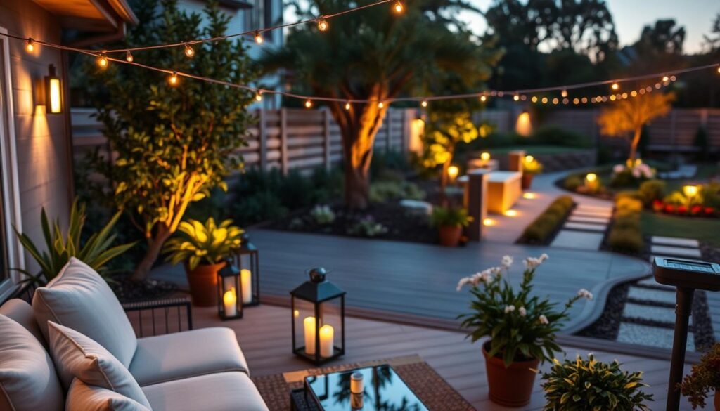 A beautifully designed backyard at dusk, focusing on outdoor lighting that creates a cozy and inviting atmosphere. In the foreground, elegantly styled patio furniture with soft cushions sits beneath a subtle string of warm fairy lights. The middle ground features a wooden deck illuminated by tasteful lanterns casting gentle shadows, surrounded by vibrant potted plants. In the background, a serene garden with softly glowing solar path lights leads the eye toward a charmingly landscaped area, enhancing the sense of depth. The scene is bathed in soft, golden sunlight as the day transitions into night, evoking a calm, relaxing mood. The lighting appears functional yet decorative, showcasing how thoughtful illumination can enhance outdoor spaces. A beautifully designed backyard at dusk, focusing on outdoor lighting that creates a cozy and inviting atmosphere. In the foreground, elegantly styled patio furniture with soft cushions sits beneath a subtle string of warm fairy lights. The middle ground features a wooden deck illuminated by tasteful lanterns casting gentle shadows, surrounded by vibrant potted plants. In the background, a serene garden with softly glowing solar path lights leads the eye toward a charmingly landscaped area, enhancing the sense of depth. The scene is bathed in soft, golden sunlight as the day transitions into night, evoking a calm, relaxing mood. The lighting appears functional yet decorative, showcasing how thoughtful illumination can enhance outdoor spaces.