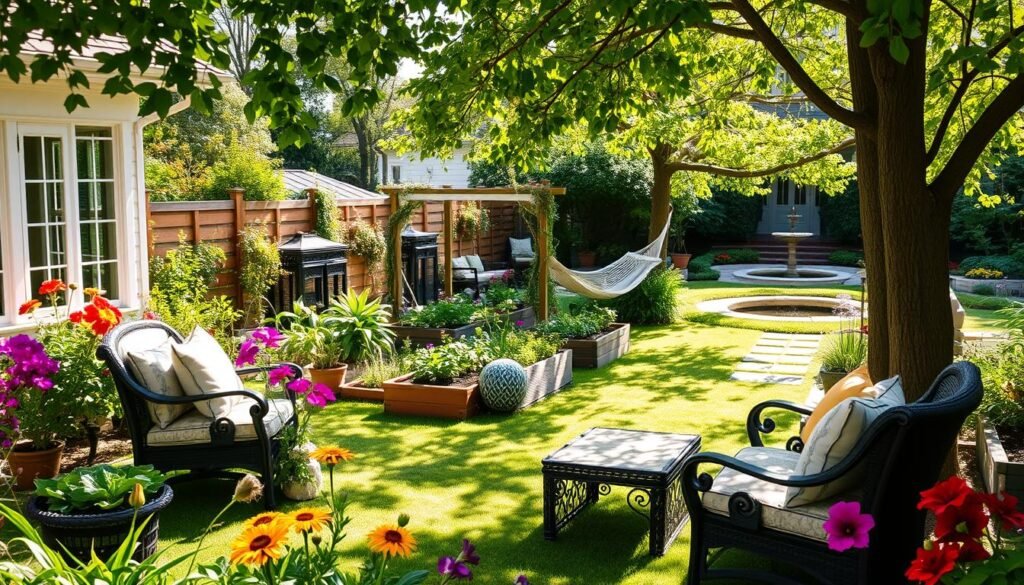 A beautifully designed backyard divided into specialized garden zones, showcasing a variety of activities. In the foreground, a cozy seating area with elegant outdoor furniture, surrounded by vibrant flowers and lush greenery. The middle ground features a small vegetable garden with raised beds, showcasing an assortment of colorful vegetables, and a shaded reading nook with a hammock under a leafy trellis. In the background, a serene zone with a water feature, like a small pond or fountain, creating a peaceful atmosphere. Soft sunlight filters through the trees, casting gentle shadows, enhancing the inviting and relaxed mood. The scene is captured from a slightly elevated angle, emphasizing the layout and diversity of the garden spaces.