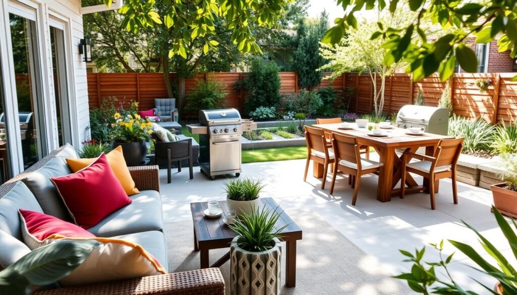 A beautifully designed backyard featuring distinct functional zones for various activities. In the foreground, a cozy seating area with a stylish outdoor sofa and colorful throw pillows, a wooden coffee table adorned with potted plants. In the middle ground, a dining space with a rustic wooden table set with dinnerware, surrounded by modern chairs, and a barbecue grill nearby. The background showcases a lush garden with blooming flowers and a small vegetable patch. Bright natural light filters through the leaves, casting soft shadows. The scene conveys a serene and inviting atmosphere, perfect for relaxation and gatherings, captured from a slightly elevated angle to emphasize the layout.