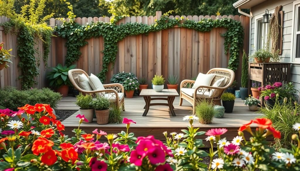 A beautifully designed backyard garden sanctuary, showcasing a blend of lush greenery and vibrant flowers in the foreground, including colorful petunias and delicate daisies. A well-crafted wooden deck with comfortable outdoor furniture, such as wicker chairs with soft cushions and a rustic table set, is centered in the middle ground. Surrounding the seating area, potted herbs and ornamental plants add welcoming charm. In the background, a lovely wooden fence serves as a backdrop, partially covered by climbing ivy and fencing plants, creating a sense of privacy. The scene is bathed in soft, warm sunlight, evoking a serene and inviting atmosphere. Capture the image from a slight elevation, using a wide-angle lens to emphasize depth and spaciousness, highlighting the tranquility and comfort of an all-day outdoor retreat.