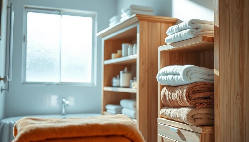 A beautifully designed bathroom linen tower, crafted from light-colored wood, showcasing neatly folded towels and bathroom supplies in an organized manner. The foreground features warm tones of plush, colorful towels stacked elegantly, while the middle showcases the linen tower with open shelves, displaying neatly arranged toiletries like soap and candles. In the background, a softly lit bathroom with natural light streaming in through a frosted window creates a serene atmosphere. The scene captures a sense of calm and functionality, emphasizing the linen tower’s contribution to bathroom organization. The lighting is bright yet soft, enhancing the texture of the wood and towels. The angle is slightly elevated, providing a comprehensive view of the linen tower's design and its inviting, tidy appearance. A beautifully designed bathroom linen tower, crafted from light-colored wood, showcasing neatly folded towels and bathroom supplies in an organized manner. The foreground features warm tones of plush, colorful towels stacked elegantly, while the middle showcases the linen tower with open shelves, displaying neatly arranged toiletries like soap and candles. In the background, a softly lit bathroom with natural light streaming in through a frosted window creates a serene atmosphere. The scene captures a sense of calm and functionality, emphasizing the linen tower’s contribution to bathroom organization. The lighting is bright yet soft, enhancing the texture of the wood and towels. The angle is slightly elevated, providing a comprehensive view of the linen tower's design and its inviting, tidy appearance.