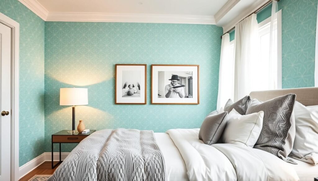 A beautifully designed bedroom featuring a statement accent wall, painted in soft teal with intricate geometric patterns. The foreground showcases a cozy, elegantly made bed adorned with plush white and gray bedding, accompanied by stylish throw pillows. A modern bedside table sits next to the bed, with a sleek lamp casting a warm, inviting glow. In the middle, the accent wall draws attention, creating a focal point with a tasteful complement of framed artwork. The background reveals airy windows letting in bright, natural light, filtering through sheer curtains, enhancing the room's serene atmosphere. The overall mood is tranquil and inviting, perfect for relaxation, captured with a soft focus and natural lighting to emphasize the comfort of the space.