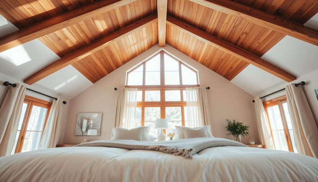 A beautifully designed bedroom featuring a vaulted ceiling, showcasing warm wooden beams that create an inviting atmosphere. In the foreground, plush bedding in soft, neutral tones enhances the cozy feel, complemented by decorative pillows and a textured throw. The middle ground captures a stylish nightstand with a sleek lamp and a few well-chosen decorative elements. The background reveals large windows draped with light, airy curtains, allowing soft, natural sunlight to flood the space, casting gentle shadows on the walls. The overall mood is serene and uplifting, with a contemporary aesthetic that balances warmth and openness. The composition is shot from a slightly elevated angle to emphasize the grandeur of the vaulted ceiling and the spaciousness of the room. A beautifully designed bedroom featuring a vaulted ceiling, showcasing warm wooden beams that create an inviting atmosphere. In the foreground, plush bedding in soft, neutral tones enhances the cozy feel, complemented by decorative pillows and a textured throw. The middle ground captures a stylish nightstand with a sleek lamp and a few well-chosen decorative elements. The background reveals large windows draped with light, airy curtains, allowing soft, natural sunlight to flood the space, casting gentle shadows on the walls. The overall mood is serene and uplifting, with a contemporary aesthetic that balances warmth and openness. The composition is shot from a slightly elevated angle to emphasize the grandeur of the vaulted ceiling and the spaciousness of the room.