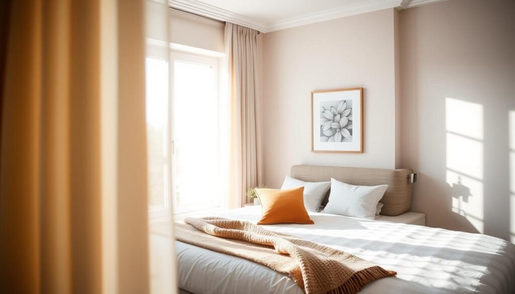 A beautifully designed bedroom featuring elegant window treatments that allow controlled natural light to filter through. In the foreground, soft, sheer curtains frame a large window, allowing gentle sunlight to create a warm glow in the room. The middle layer includes a modern bed with cozy pillows and a textured throw, both in warm earthy tones. In the background, light-colored walls adorned with subtle artwork enhance the airy atmosphere. The scene is bathed in soft sunlight, casting delicate shadows that add depth. The overall mood is serene and inviting, showcasing the perfect blend of warmth and light control, ideal for a peaceful bedroom retreat. Use a wide-angle lens to emphasize the spaciousness and brightness of the room.