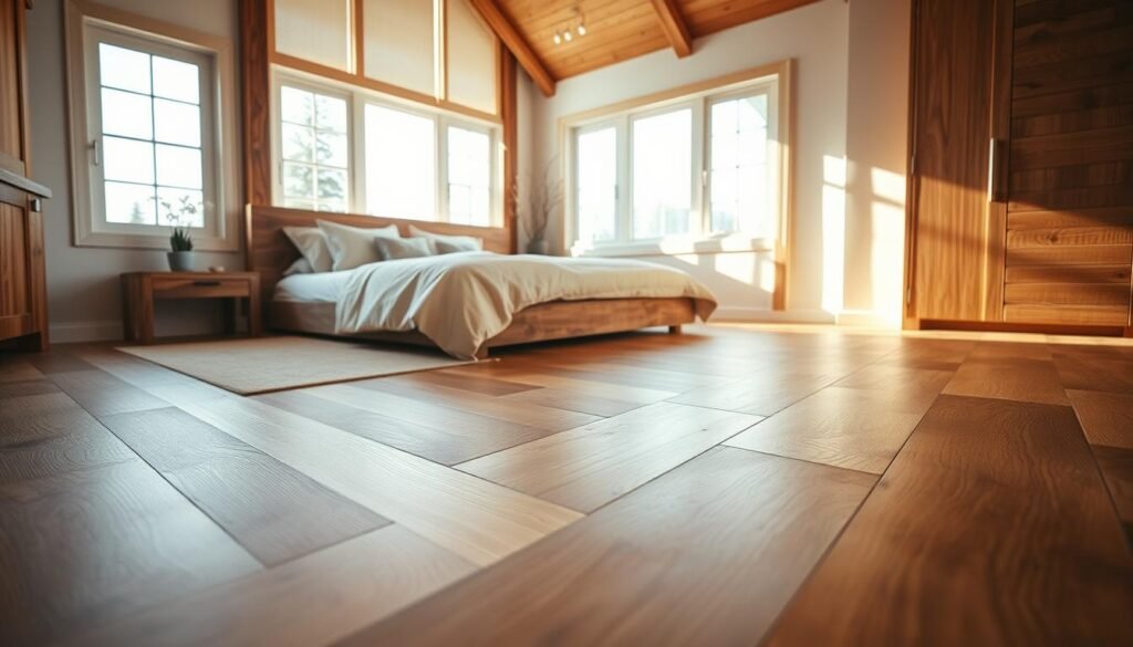 A beautifully designed bedroom featuring natural wood flooring as the focal point. The foreground shows a close-up of warm, rich oak or maple floor planks with visible grain patterns that evoke a sense of warmth and comfort. The middle ground includes a cozy bed dressed in soft, neutral linens, adorned with plush pillows. A bedside table made of reclaimed wood holds a small potted plant. The background reveals large windows allowing bright, soft sunlight to spill into the room, enhancing the natural tones of the wood. The atmosphere is tranquil and inviting, promoting a restful environment. Use a wide-angle lens to capture the entirety of the space, showcasing the harmonious blend of wood and soft textures.