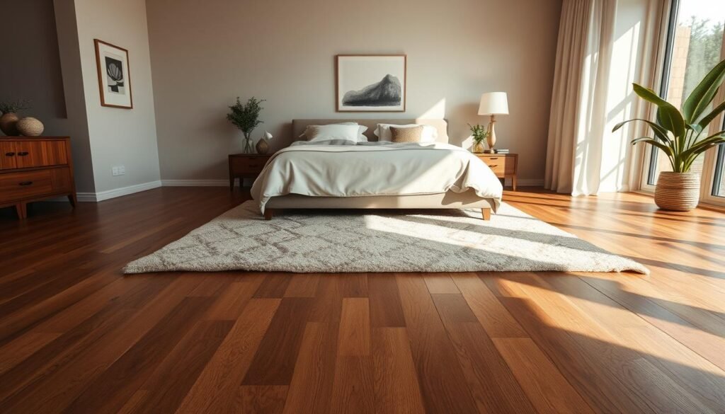 A beautifully designed bedroom featuring rich hardwood flooring that exudes warmth and elegance. In the foreground, a plush area rug with intricate patterns softly contrasts with the wooden floor, inviting a sense of comfort. The middle section showcases the bed dressed in soft, neutral-toned linens, accented with decorative pillows that add subtle detail. Natural light pours in from a large window, creating gentle highlights on the flooring and enhancing the inviting atmosphere. The background features minimalist decor, including a tasteful piece of wall art and green plants that contribute to the airy feel of the space. The overall mood conveys tranquility and sophistication, perfect for a cozy retreat. The image captures a wide-angle perspective, emphasizing the harmonious blend of elements in the room.
