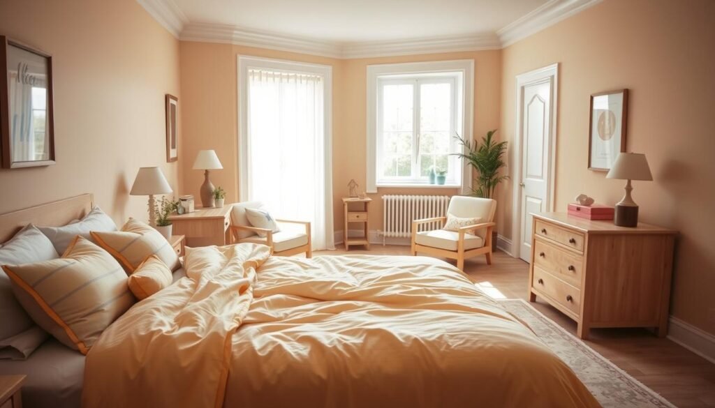 A beautifully designed bedroom showcasing a harmonious blend of warm and light colors. In the foreground, a cozy bed with a plush beige and soft yellow comforter, accented with various pastel pillows. The middle ground features light wooden furniture, including a bedside table with a small potted plant and a soft, inviting armchair by the window. The background reveals walls painted in a warm, muted cream, complemented by bright white trim. Natural light floods in from the large window, creating a soft glow that enhances the inviting atmosphere. The room is adorned with tasteful wall art and a subtle area rug. The overall mood is serene and welcoming, perfect for a space that feels warm yet airy.