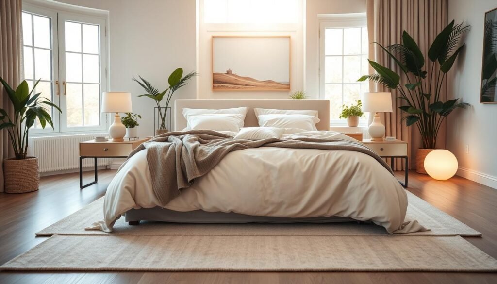 A beautifully designed bedroom showcasing an atmosphere of calm and relaxation. In the foreground, a cozy, neatly made bed with soft, neutral-colored linens and a slightly rumpled throw blanket invites relaxation. On either side, elegant nightstands adorned with minimalist lamps cast a warm, inviting glow. The middle ground features a softly patterned rug underneath the bed, contributing to a tranquil vibe. Gently curated wall art in soothing colors hangs behind the bed, enhancing the serenity of the space. In the background, large windows allow bright, natural light to filter in, bathing the room in soft sunlight. Potted plants are strategically placed to add a refreshing touch of greenery. The overall feel is airy and well-lit, creating a peaceful ambiance perfect for winding down at night.