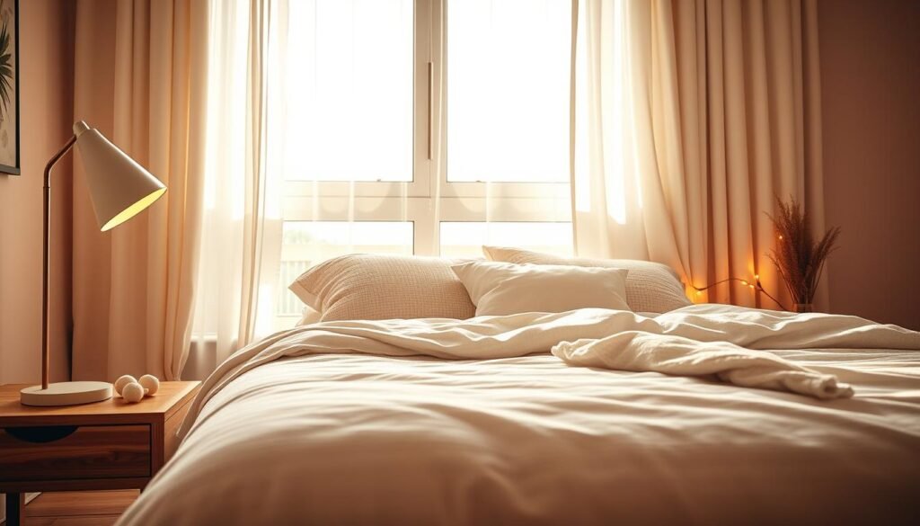 A beautifully designed bedroom showcasing harmonious lighting that radiates warmth and coziness. The foreground features a stylish wooden bedside table with a sleek, modern lamp emitting a soft glow. In the middle, an inviting bed adorned with light, textured linens and plush pillows reflects peacefulness, complemented by strategically placed fairy lights adding a sparkle. The background reveals large windows draped with light, airy curtains, allowing bright natural sunlight to flood the room and create a serene atmosphere. The overall mood exudes comfort and tranquility, with soft shadows enhancing the inviting space. Capture this scene using a warm color palette and a slightly elevated angle to emphasize the layout and lighting effects, creating a balance between cozy brightness and a light, airy feel.