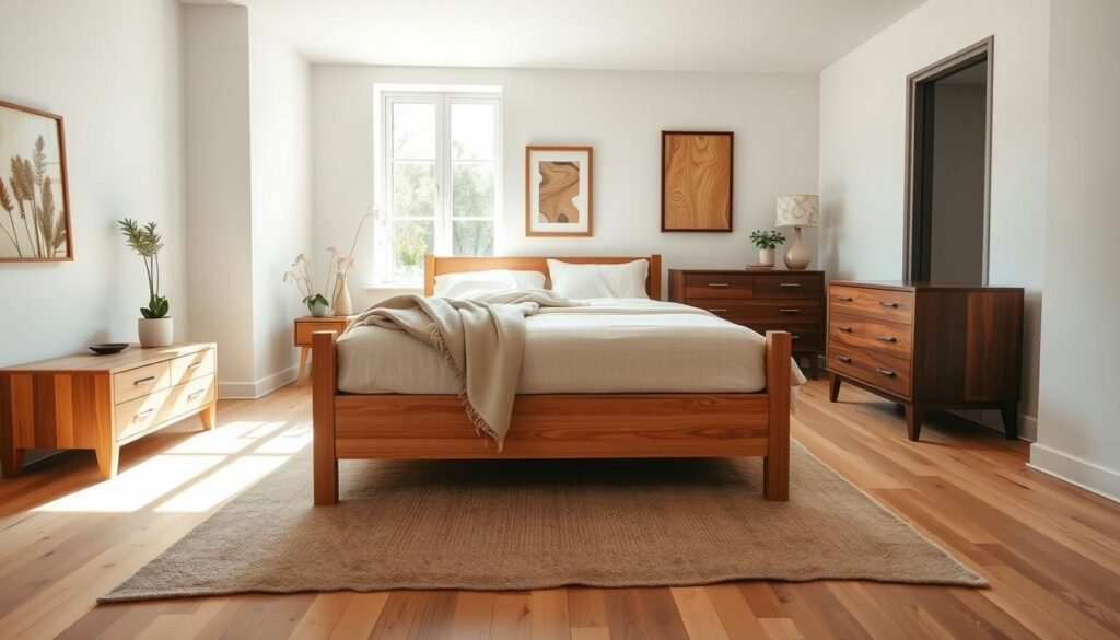 A beautifully designed bedroom that mixes various wood tones, featuring a light oak bedframe paired with a deep walnut nightstand and a rich mahogany dresser. In the foreground, a cozy area rug softly contrasts with the wooden floor, while a delicate throw blanket drapes over the bed. The middle of the room showcases a large window allowing soft, natural light to flood in, highlighting the different textures of the wood surfaces. In the background, subtle décor like framed art featuring wooden elements and potted plants add warmth without overpowering the space. The atmosphere is inviting and harmonious, capturing the essence of a tranquil retreat. Shot with a wide-angle lens to provide a full view of the room, emphasizing the interplay of light and wood tones, with a focus on the warm, airy ambiance.