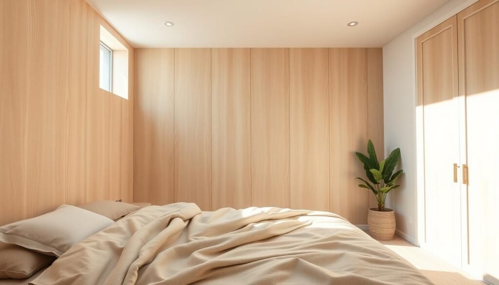 A beautifully designed bedroom wall panel that captures a blend of coziness and brightness. The foreground features smooth, light wood paneling with a soft, warm finish, complemented by gentle curves. In the middle ground, a subtly textured fabric adds warmth, such as a pale beige or light grey, enhancing the inviting atmosphere. The background showcases softly painted walls in warm whites or light pastels, allowing natural light to pour in through a window, creating a bright, airy feel. The scene is illuminated by soft sunlight, casting gentle highlights and shadows that bring the textures to life. The overall mood is serene and welcoming, perfect for a relaxing bedroom retreat.