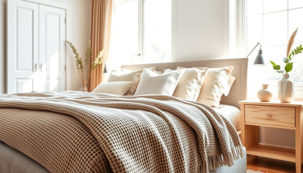 A beautifully designed bedroom with a warm, inviting atmosphere. In the foreground, showcase a textured throw blanket draped over a light neutral-colored upholstered bed, inviting touch and comfort. The middle features an assortment of decorative pillows in soft, cozy fabrics like linen and wool, adding dimension without visual heaviness. A light wood nightstand displays a small potted plant and a delicate ceramic vase, enhancing the texture play. In the background, large windows fill the space with bright, soft sunlight, casting gentle shadows that highlight the textures. The overall mood is serene and airy, with a focus on realistic home décor elements that convey warmth and style, ensuring a well-balanced composition.