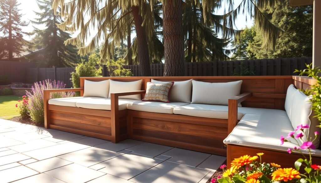 A beautifully designed built-in bench seating area situated in a well-lit backyard, showcasing rich wooden materials with a smooth finish. The bench, comfortably padded with plush, light-colored cushions, extends along a stone patio that is bordered by vibrant flower beds and lush greenery. In the foreground, soft sunlight casts delicate shadows on the bench, illuminating its inviting nature. In the middle ground, a decorative throw pillow adds a pop of color to the seating. The background features tall trees swaying gently in a light breeze, creating a tranquil atmosphere. The overall mood is warm and inviting, ideal for relaxation and social gatherings. The scene is captured in a wide-angle, emphasizing the spaciousness and comfort of the seating area. A beautifully designed built-in bench seating area situated in a well-lit backyard, showcasing rich wooden materials with a smooth finish. The bench, comfortably padded with plush, light-colored cushions, extends along a stone patio that is bordered by vibrant flower beds and lush greenery. In the foreground, soft sunlight casts delicate shadows on the bench, illuminating its inviting nature. In the middle ground, a decorative throw pillow adds a pop of color to the seating. The background features tall trees swaying gently in a light breeze, creating a tranquil atmosphere. The overall mood is warm and inviting, ideal for relaxation and social gatherings. The scene is captured in a wide-angle, emphasizing the spaciousness and comfort of the seating area.