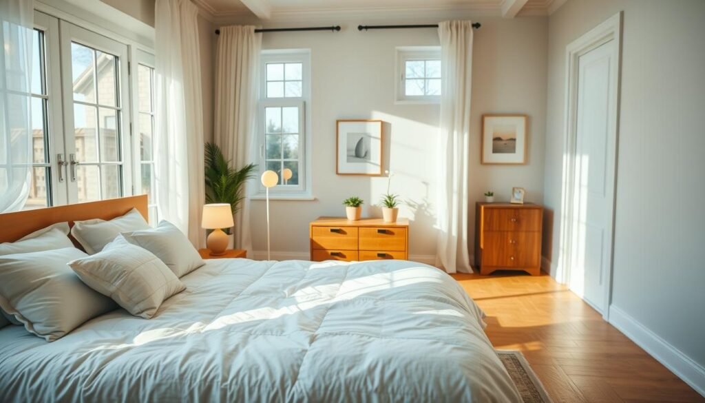 A beautifully designed cozy bedroom filled with natural light, featuring large windows with soft white sheer curtains fluttering in a gentle breeze. In the foreground, a neatly made bed with a plush, light-colored comforter and an assortment of fluffy pillows, inviting relaxation. The middle ground showcases a stylish wooden nightstand with a small potted plant and a soft glowing lamp. In the background, a warm wooden floor contrasts with light pastel walls, adorned with simple artwork promoting a calm atmosphere. The room is bathed in soft sunlight, creating a serene and airy mood, perfect for unwinding. The image should have a bright and inviting ambiance, with an emphasis on warmth and tranquility, using soft focus techniques to enhance the cozy feel.