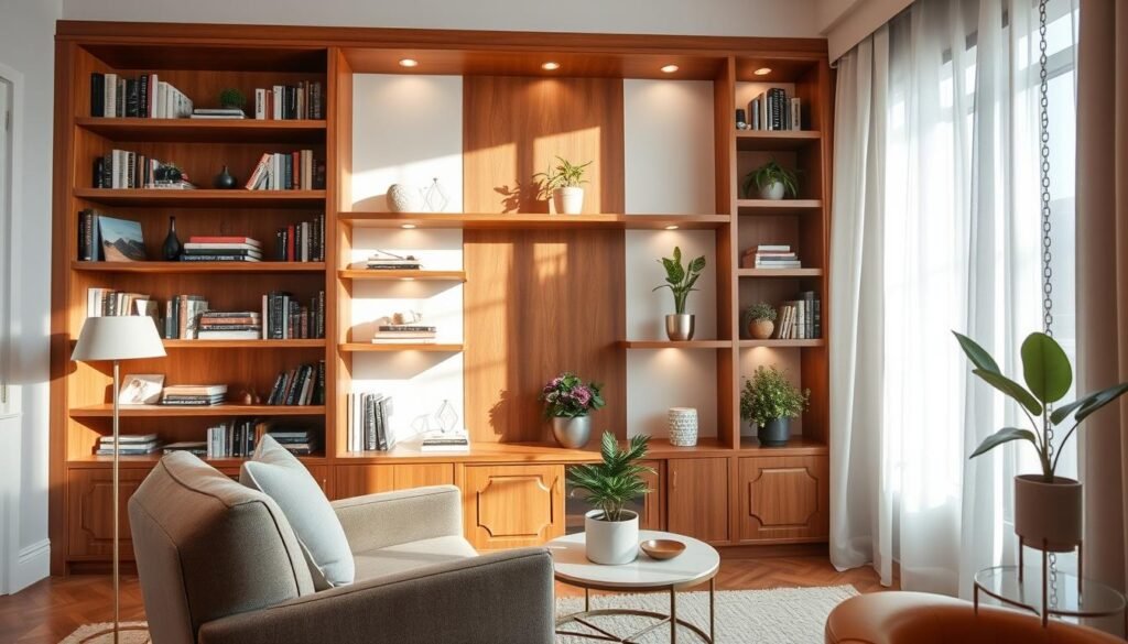 A beautifully designed custom built-in shelving unit in a cozy living room setting. The shelves are crafted from rich, warm wood, showcasing an array of books, decorative objects, and potted plants, emphasizing both functionality and style. In the foreground, a plush, modern armchair and a chic side table complement the shelving. The middle ground features the shelving unit, boasting geometric designs and integrated lighting that highlights its craftsmanship. The background reveals soft, airy curtains blowing gently in a light breeze, with sunlight streaming through, creating a bright and inviting atmosphere. The scene is captured with a slightly wide-angle lens, enhancing the spacious feel and showcasing the elegant details of the unit.