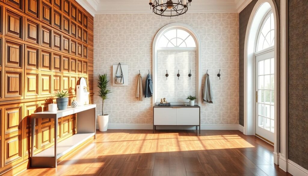 A beautifully designed entrance foyer wall showcasing a variety of wall treatment ideas. In the foreground, intricate wood paneling in warm tones contrasts with a sleek, modern console table, adorned with simple decorative items and potted plants. The middle ground features a textured wall with elegant wallpaper patterns in soft pastel hues, complemented by stylish hooks for hanging coats and bags. In the background, a large, arched window allows bright natural light to pour in, reflecting off polished wood floors and casting soft shadows. The atmosphere is inviting and sophisticated, promoting a sense of completion and comfort. The entire scene is captured in bright, natural lighting, evoking an airy, well-lit ambiance that enhances the beauty of the wall designs.