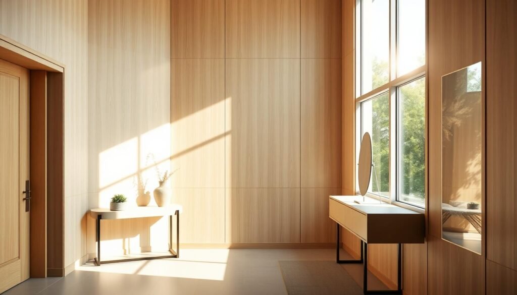 A beautifully designed entrance foyer wall with a warm, inviting atmosphere, featuring light wood paneling and strategically placed large windows that flood the space with natural sunlight. The foreground showcases a sleek console table adorned with minimalistic decor, such as a small potted plant and a decorative mirror. In the middle ground, an elegant wall of textured light colors harmonizes with the wooden elements, while soft, diffused sunlight streams through the windows, casting gentle shadows and illuminating the space. The background reveals a lush view of greenery outside, enhancing the natural light ambiance. The overall mood is warm, airy, and welcoming, captured in bright, realistic colors. Use a wide-angle lens to emphasize the spaciousness and brightness of the foyer, avoiding any human subjects.