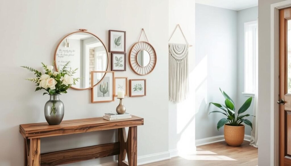 A beautifully designed entryway featuring a variety of wall decor ideas. In the foreground, a rustic wooden console table adorned with a stylish vase holding fresh flowers, contrasting nicely with the smooth wall behind. In the middle, an eclectic mix of wall art, including framed botanical prints, a decorative mirror, and a macrame wall hanging, all arranged harmoniously. The background should have a soft accent wall in a pastel shade, enhancing the airy feel. Natural light streams through a nearby window, casting soft shadows and illuminating the décor. Capture this inviting space with a wide-angle shot to emphasize depth and balance, evoking a welcoming atmosphere perfect for any entryway.