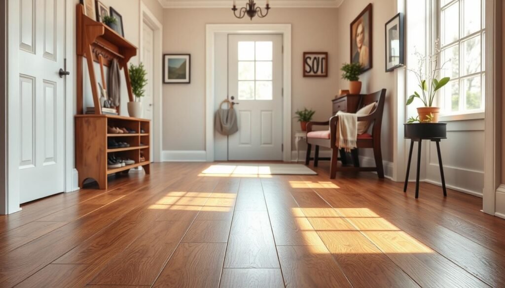A beautifully designed entryway featuring durable wooden flooring, highlighting a rich, warm finish that enhances the inviting atmosphere. In the foreground, showcase meticulously crafted wooden planks, deeply grained and well-finished to reflect natural light. In the middle ground, position stylish shoe racks and a tasteful bench, emphasizing practicality. The background should display softly lit walls adorned with tasteful decorations, such as framed artwork and potted plants, creating a cozy yet functional mood. Bright natural light streams in from a nearby window, casting soft shadows and adding an airy feel to the space. The overall ambiance should evoke warmth and comfort, perfect for high-traffic entryways, capturing the essence of practical wood accent ideas.
