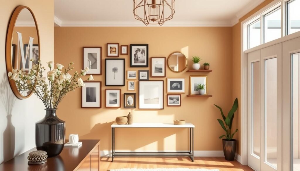 A beautifully designed entryway featuring stunning wall decor ideas that make an impact. In the foreground, a stylish console table with decorative accents and a chic vase filled with fresh flowers. The middle ground showcases an eye-catching gallery wall adorned with an assortment of framed art pieces, mirrors, and floating shelves with small plants. In the background, a warm and inviting color palette enhances the modern aesthetic, with natural light streaming in through a nearby window, casting soft shadows. The lighting is bright and airy, creating a cheerful atmosphere perfect for a welcoming entry. The scene captures the essence of a well-organized, functional, and visually striking entryway that leaves a lasting impression.