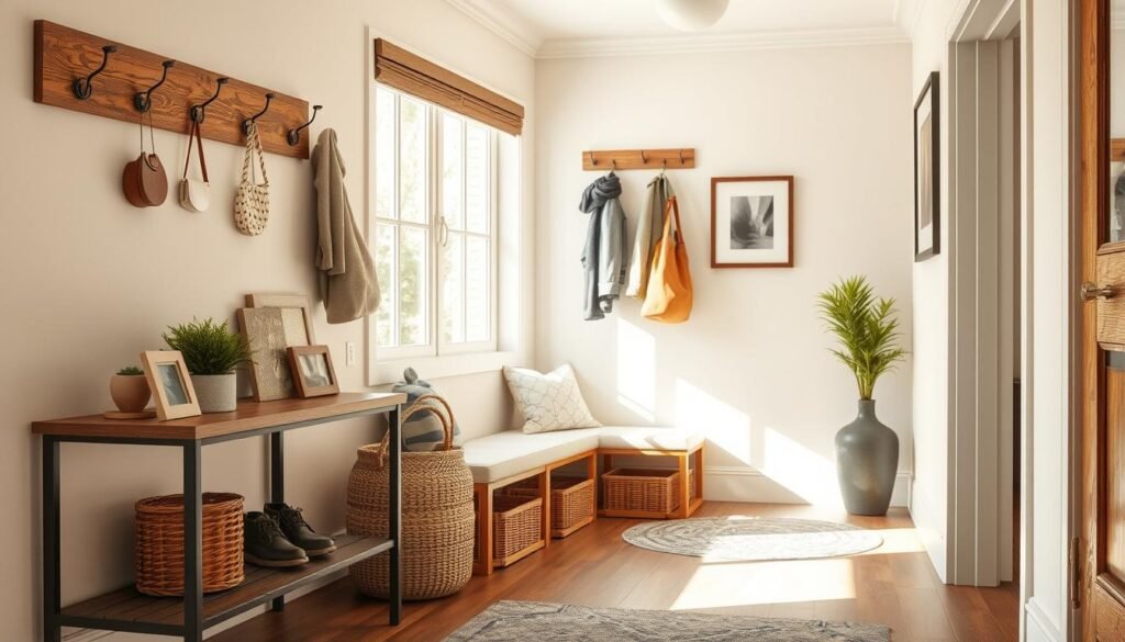 A beautifully designed entryway featuring stylish furniture and efficient storage solutions. In the foreground, a sleek, modern console table with decorative items like potted plants and photo frames sits next to a woven basket for shoes. The middle ground includes a cozy bench with hooks above it for hanging coats and bags, complemented by bright natural light streaming in from a large window. The background shows a light-colored wall adorned with framed artwork, enhancing the welcoming atmosphere. The scene is captured in soft, airy sunlight, creating a warm and inviting ambiance, ideal for a home. The image should be realistic, showcasing the textures of wood and fabric. The perspective is at eye level, giving a sense of depth and space.
