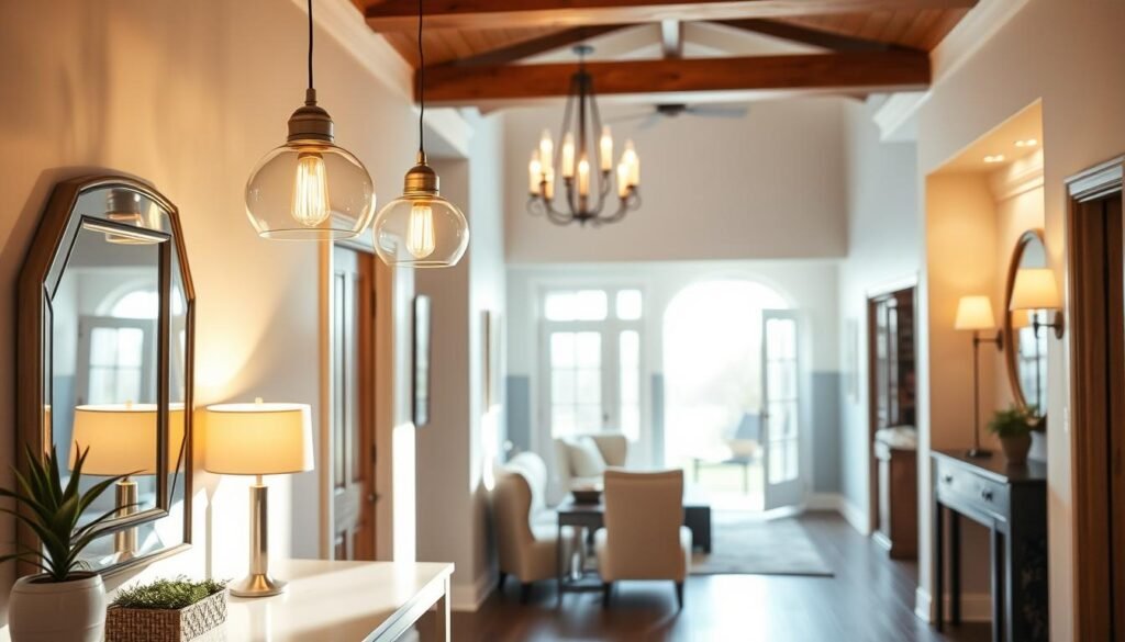 A beautifully designed entryway featuring various innovative lighting solutions. In the foreground, showcase a stylish console table with decorative items, like a small potted plant and a framed mirror reflecting light. In the middle, incorporate elegant pendant lights hanging from the ceiling, casting warm, inviting illumination over the space. Consider a dimmable chandelier to enhance the atmosphere, with soft sunlight streaming in through a nearby window, creating a bright and airy feel. The background should display a well-furnished entryway with neutral walls and wooden accents, emphasizing a cozy yet sophisticated mood. Use a wide-angle lens perspective to capture the entire space harmoniously, ensuring the lighting strategies are the focal point of the composition, evoking a sense of welcoming and completion.