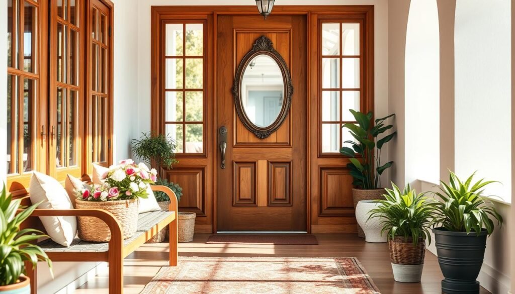 A beautifully designed entryway showcasing a welcoming first impression, featuring a stylish front door made of warm wood with large windows for natural light. The foreground presents a cozy bench with soft cushions and a decorative basket filled with fresh flowers, while a vintage rug adds texture. In the middle, an elegantly framed mirror reflects sunlight, enhancing the airy ambiance. Potted plants line the sides, adding greenery and warmth. The background reveals soft, pastel-colored walls illuminated by natural light streaming through the windows, creating a bright and inviting atmosphere. The mood is serene and inviting, captured with a soft-focus lens to enhance the welcoming feel of the space, emphasizing bright, warm tones and an open, airy design.