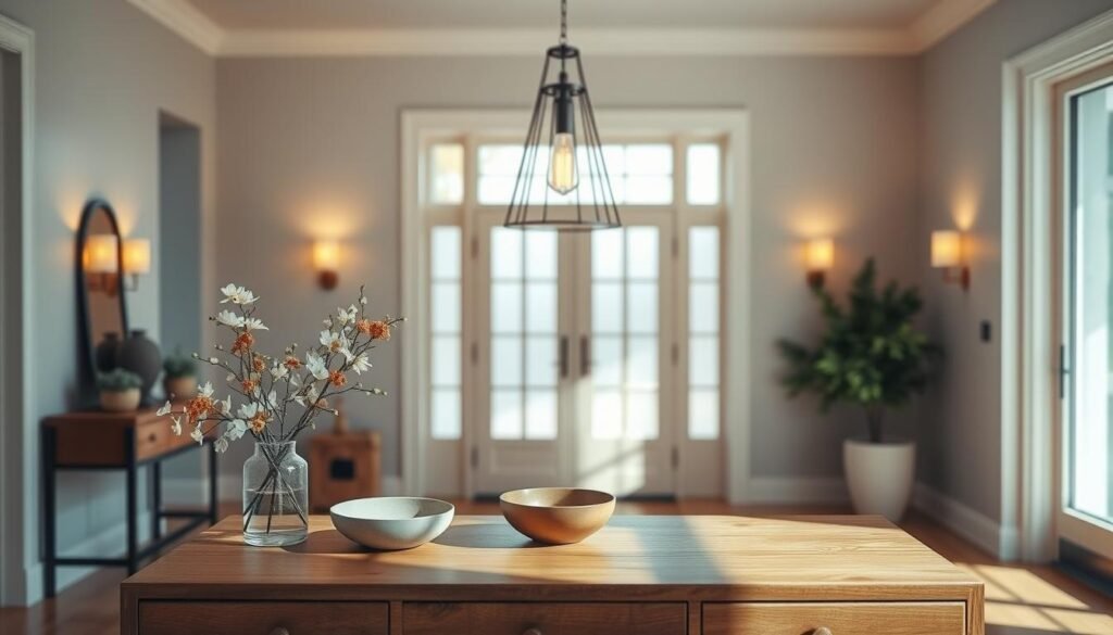 A beautifully designed entryway showcasing layering lighting to create warmth and ambiance. In the foreground, a stylish wooden console table adorned with a modest vase of fresh flowers and a decorative bowl. In the middle, a statement pendant light hangs from the ceiling, casting a warm glow, accompanied by soft sconces on the walls, creating an inviting atmosphere. The background features a welcoming front door with frosted glass, allowing gentle natural light to filter in, illuminating the space gently. Use a soft focus lens effect to enhance the cozy feel. The scene captures a blend of bright natural light and soft sunlight, emphasizing an airy, well-lit environment that feels both modern and inviting. A beautifully designed entryway showcasing layering lighting to create warmth and ambiance. In the foreground, a stylish wooden console table adorned with a modest vase of fresh flowers and a decorative bowl. In the middle, a statement pendant light hangs from the ceiling, casting a warm glow, accompanied by soft sconces on the walls, creating an inviting atmosphere. The background features a welcoming front door with frosted glass, allowing gentle natural light to filter in, illuminating the space gently. Use a soft focus lens effect to enhance the cozy feel. The scene captures a blend of bright natural light and soft sunlight, emphasizing an airy, well-lit environment that feels both modern and inviting.