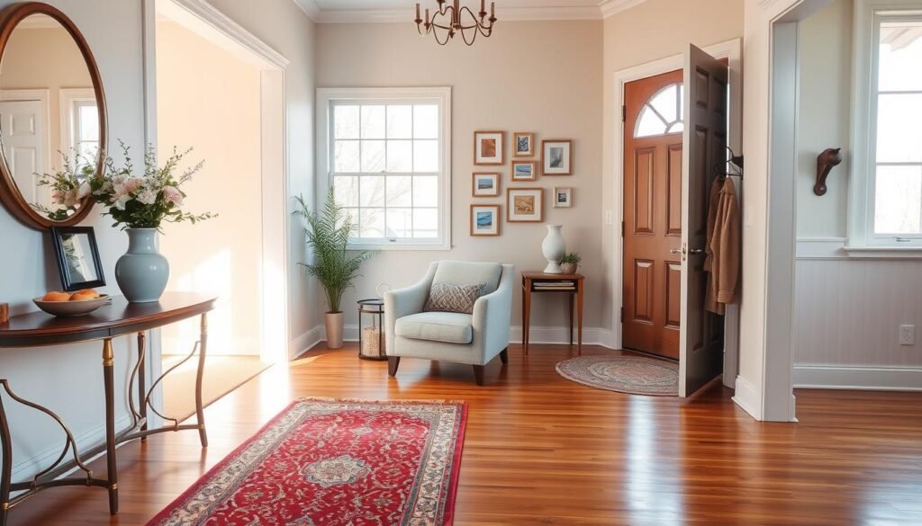 A beautifully designed entryway, showcasing warm wooden flooring and a large, inviting front door. In the foreground, a stylish console table adorned with a tasteful vase of fresh flowers, a decorative bowl, and a small, framed mirror. The middle ground features a cozy armchair with soft cushions, placed near a vibrant rug that adds color. On the wall, a series of curated art pieces and a wall-mounted coat rack for added functionality. The background reveals a bright, airy atmosphere with large windows allowing soft, natural light to pour in, illuminating the space and enhancing the sense of completion. The scene conveys a welcoming and organized ambiance, emphasizing harmony and balance in the design.