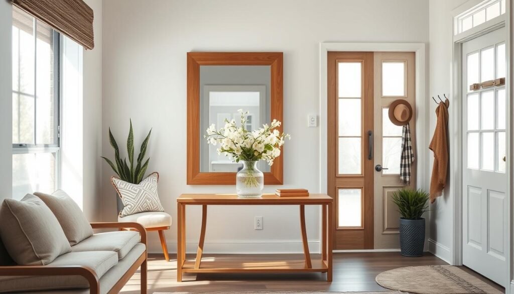 A beautifully designed entryway that exudes warmth and functionality. In the foreground, a sleek console table made of natural wood showcases a stylish vase with fresh flowers under soft, bright natural light. To the left, a cozy bench with plush cushions invites visitors to pause, accented by decorative throw pillows. The middle section features a large mirror framed in elegant wood, reflecting the light, and adding depth to the space. Against the right wall, a set of tasteful hooks holds stylish coats and hats, enhancing organization. In the background, a welcoming door with frosted glass panels lets in airy sunlight, highlighting the overall balance and completeness of the design. The atmosphere is bright and inviting, perfectly embodying a finished entryway that feels curated and serene.