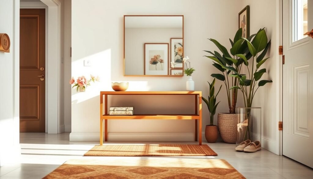 A beautifully designed entryway that exudes warmth and welcoming vibes, featuring an elegant wooden console table with fresh flowers and a small decorative bowl. The foreground includes a stylishly arranged entry mat and a pair of comfortable shoes neatly placed beside it. In the middle, a large mirror hangs on a pale-hued wall, reflecting soft natural light cascading in from a nearby window. The background showcases a light-filled space with potted plants and tasteful wall art that enhances the inviting atmosphere. The scene captures a perfect blend of modern and cozy elements, illuminated by soft sunlight, creating an airy, well-lit mood. The angle should highlight the depth of the entryway, emphasizing cleanliness and order. A beautifully designed entryway that exudes warmth and welcoming vibes, featuring an elegant wooden console table with fresh flowers and a small decorative bowl. The foreground includes a stylishly arranged entry mat and a pair of comfortable shoes neatly placed beside it. In the middle, a large mirror hangs on a pale-hued wall, reflecting soft natural light cascading in from a nearby window. The background showcases a light-filled space with potted plants and tasteful wall art that enhances the inviting atmosphere. The scene captures a perfect blend of modern and cozy elements, illuminated by soft sunlight, creating an airy, well-lit mood. The angle should highlight the depth of the entryway, emphasizing cleanliness and order.