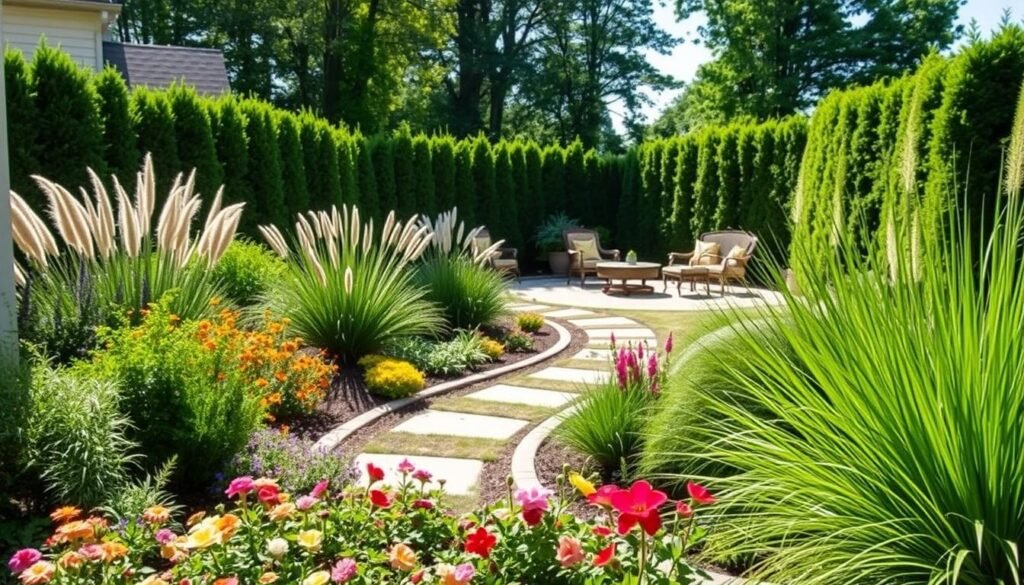 A beautifully designed foundation planting in a spacious backyard, showcasing a mix of low-maintenance shrubs, colorful perennials, and ornamental grasses that create a sense of privacy. In the foreground, vibrant flowers bloom next to a well-defined border, inviting and welcoming. The middle ground features a softly curved pathway leading to a cozy sitting area, adorned with tasteful garden furniture. In the background, tall hedges and strategically placed trees provide a sense of enclosure and intimacy, filtering soft sunlight that casts gentle shadows across the scene. The mood is tranquil and serene, emphasizing the comfort that well-planned landscaping can bring to an open backyard. Use bright natural light to enhance the colors, with a slightly elevated perspective for a comprehensive view of the garden layout. A beautifully designed foundation planting in a spacious backyard, showcasing a mix of low-maintenance shrubs, colorful perennials, and ornamental grasses that create a sense of privacy. In the foreground, vibrant flowers bloom next to a well-defined border, inviting and welcoming. The middle ground features a softly curved pathway leading to a cozy sitting area, adorned with tasteful garden furniture. In the background, tall hedges and strategically placed trees provide a sense of enclosure and intimacy, filtering soft sunlight that casts gentle shadows across the scene. The mood is tranquil and serene, emphasizing the comfort that well-planned landscaping can bring to an open backyard. Use bright natural light to enhance the colors, with a slightly elevated perspective for a comprehensive view of the garden layout.