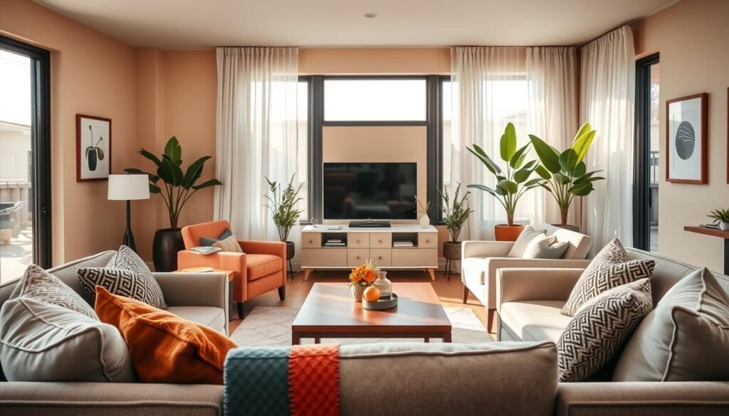 A beautifully designed functional living room featuring a cozy seating arrangement with a stylish sofa and accent chairs, complemented by a wood coffee table. The foreground includes soft, textured cushions and a colorful throw blanket. In the middle, a modern entertainment center holds an elegant television, surrounded by curated decorative elements like potted plants and art pieces. The background showcases large windows letting in bright, natural light, with sheer curtains gently fluttering. The room is painted in warm, neutral tones, creating an inviting atmosphere. The scene is captured with a wide-angle lens, emphasizing spaciousness, and illuminated with soft sunlight filtering through the windows, evoking a tranquil yet stylish vibe.