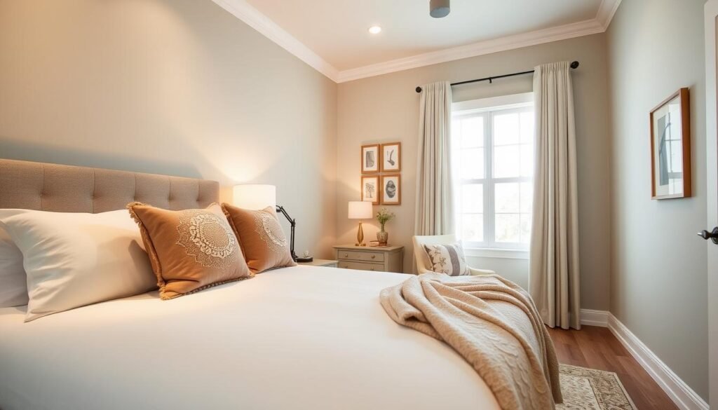 A beautifully designed guest bedroom featuring an accent wall in a soft, calming color. The foreground showcases a neatly made bed adorned with plush, decorative pillows and a cozy throw blanket. In the middle ground, there is a stylish nightstand with a modern lamp and a few well-placed books. The accent wall, painted in a subtle shade, adds depth and interest to the room, while framed artwork complements the décor. The background reveals a softly lit window allowing bright, natural light to flood the space, enhancing the airy atmosphere. A tasteful area rug adds warmth underfoot. The overall mood is inviting and serene, ideal for making guests feel at home.